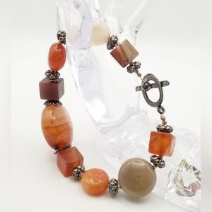 Vtg Marblized Strung Glass Beads Bracelet Silvertone T-clasp Earthy Tones Boho